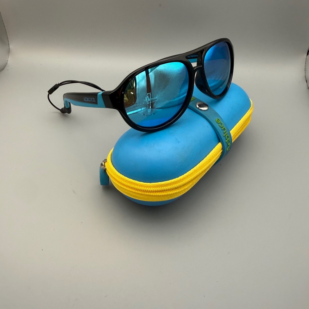 Acbluce Aviator Sunglasses Kids Black Blue Mirrored Sporty Strap Case Travel